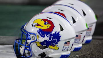 Oct 5, 2024; Tempe, Arizona, USA; Detailed view of Kansas Jayhawks helmet at Mountain America Stadium. Mandatory Credit: Mark J. Rebilas-Imagn Images