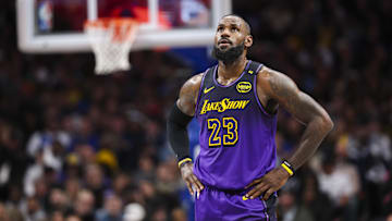Jan 7, 2025; Dallas, Texas, USA; Los Angeles Lakers forward LeBron James (23) reacts against the Dallas Mavericks during the second half at American Airlines Center. Mandatory Credit: Kevin Jairaj-Imagn Images