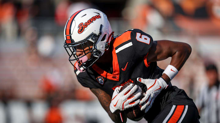 Oregon State Beavers wide receiver David Wells Jr. (6) catches a pass to score a touchdown during the second half of the game against Idaho State on Saturday, Aug. 31, 2024 at Reser Stadium in Corvallis, Ore.