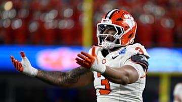 Dec 7, 2024; Charlotte, NC, USA; Clemson Tigers defensive end T.J. Parker (3) reacts after a play during the third quarter against the Southern Methodist Mustangs in the 2024 ACC Championship game at Bank of America Stadium. Mandatory Credit: Bob Donnan-Imagn Images