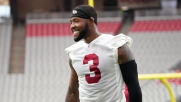 Arizona Cardinals safety Budda Baker (3) smiles on the sidelines during training camp at State Farm Stadium in Glendale on July 25, 2024.