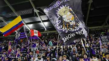 Nov 30, 2024; Orlando, Florida, USA; Orlando City fans wave flags before the 2024 MLS Cup Eastern Conference Final match at Inter&Co Stadium. Mandatory Credit: Morgan Tencza-Imagn Images