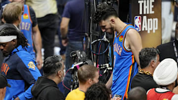 Jun 19, 2025; Indianapolis, Indiana, USA; Oklahoma City Thunder forward Chet Holmgren (7) walks of the court after losing the Indiana Pacers in game six of the 2025 NBA Finals between the Oklahoma City Thunder and the Indiana Pacers at Gainbridge Fieldhouse. Mandatory Credit: Kyle Terada-Imagn Images
