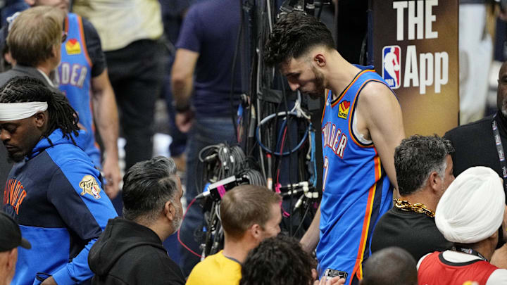 Jun 19, 2025; Indianapolis, Indiana, USA; Oklahoma City Thunder forward Chet Holmgren (7) walks of the court after losing the Indiana Pacers in game six of the 2025 NBA Finals between the Oklahoma City Thunder and the Indiana Pacers at Gainbridge Fieldhouse. Mandatory Credit: Kyle Terada-Imagn Images