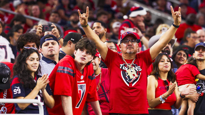 Dec 21, 2025; Houston, Texas, USA; Houston Texans fans cheer during the fourth quarter of a game against the Las Vegas Raiders at NRG Stadium. Mandatory Credit: Thomas Shea-Imagn Images