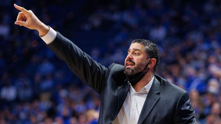 Feb 2, 2022; Lexington, Kentucky, USA; Kentucky Wildcats assistant coach Orlando Antigua yells to his players during the first half against the Vanderbilt Commodores at Rupp Arena at Central Bank Center. Mandatory Credit: Jordan Prather-USA TODAY Sports