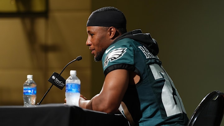 Jun 10, 2025; Philadelphia, PA, USA; Philadelphia Eagles running back Saquon Barkley (26) addresses media during a press conference at NovaCare Complex. Mandatory Credit: Kyle Ross-Imagn Images