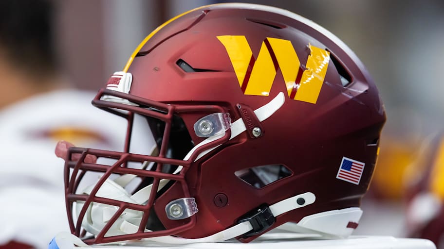 Detailed view of a Washington Commanders helmet. | Mark J. Rebilas-Imagn Images