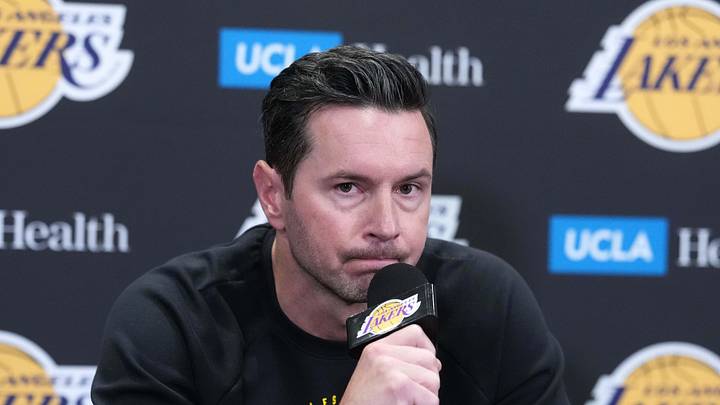 Apr 12, 2026; Los Angeles, California, USA; Los Angeles Lakers head coach JJ Redick at a press conference at the Crypto.com Arena. Mandatory Credit: Kirby Lee-Imagn Images