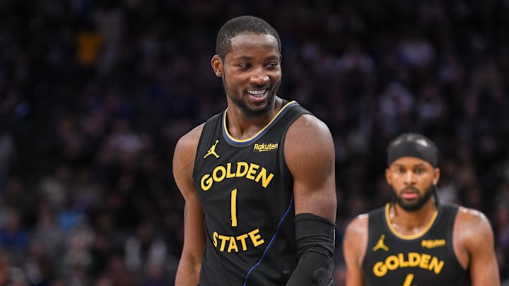 Nov 5, 2025; Sacramento, California, USA; Golden State Warriors forward Jonathan Kuminga (1) reacts after being called for a foul against the Sacramento Kings during the fourth quarter at Golden 1 Center. Mandatory Credit: Ed Szczepanski-Imagn Images