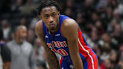 Nov 13, 2024; Milwaukee, Wisconsin, USA;  Detroit Pistons forward Ron Holland II (00) during the game against the Milwaukee Bucks at Fiserv Forum. Mandatory Credit: Jeff Hanisch-Imagn Images