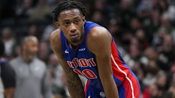 Nov 13, 2024; Milwaukee, Wisconsin, USA;  Detroit Pistons forward Ron Holland II (00) during the game against the Milwaukee Bucks at Fiserv Forum. Mandatory Credit: Jeff Hanisch-Imagn Images