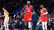Apr 11, 2025; Philadelphia, Pennsylvania, USA; Philadelphia 76ers center Adem Bona (30) reacts against the Atlanta Hawks in the second quarter at Wells Fargo Center. Mandatory Credit: Kyle Ross-Imagn Images