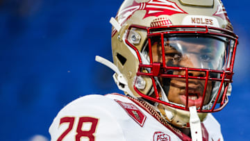 Oct 18, 2024; Durham, North Carolina, USA;  Florida State Seminoles linebacker Justin Cryer (28) looks on prior to the first half of the game against Florida State at Wallace Wade Stadium. Mandatory Credit: Jaylynn Nash-Imagn Images