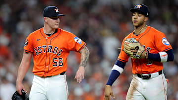 May 9, 2025; Houston, Texas, USA; Houston Astros starting pitcher Hunter Brown (58) congratulates Houston Astros shortstop Jeremy Pena (3) after retiring the side against the Cincinnati Reds during the fourth inning at Daikin Park. 