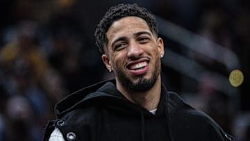 Jan 14, 2025; Indianapolis, Indiana, USA; Indiana Pacers guard Tyrese Haliburton (0) reacts in the second half against the Cleveland Cavaliers at Gainbridge Fieldhouse. Mandatory Credit: Trevor Ruszkowski-Imagn Images