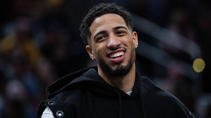 Jan 14, 2025; Indianapolis, Indiana, USA; Indiana Pacers guard Tyrese Haliburton (0) reacts in the second half against the Cleveland Cavaliers at Gainbridge Fieldhouse. Mandatory Credit: Trevor Ruszkowski-Imagn Images