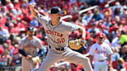 Apr 16, 2025; St. Louis, Houston Astros pitcher Tayler Scott (50) throws in relief in the seventh inning against the St. Louis Cardinals  at Busch Stadium. 