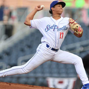 Amarillo Sod Poodles Yilber Diaz (17) pitches the ball in a Texas League Championship game against the Arkansas Travelers, Tuesday night, September 26, 2023, at Hodgetown, in Amarillo, Texas. The Arkansas Travelers won 6-5.