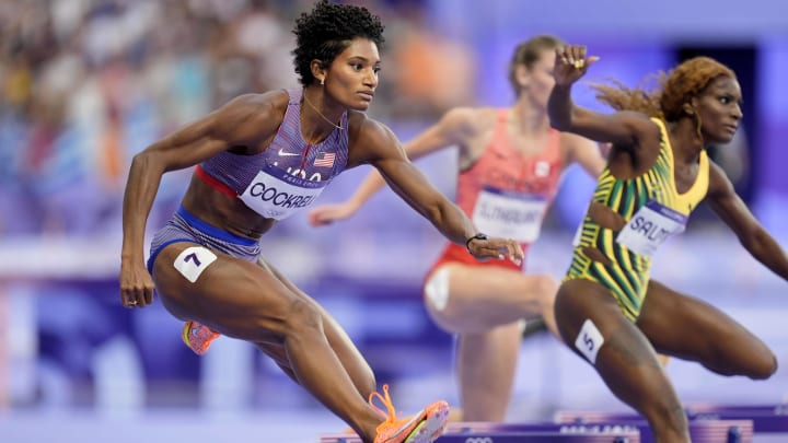 Aug 6, 2024; Paris Saint-Denis, France; Anna Cockrell (USA) competes in a women's 400m hurdles semifinal during the Paris 2024 Olympic Summer Games at Stade de France. Mandatory Credit: Andrew Nelles-USA TODAY Sports