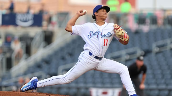 Amarillo Sod Poodles Yilber Diaz (17) pitches the ball in a Texas League Championship game against the Arkansas Travelers, Tuesday night, September 26, 2023, at Hodgetown, in Amarillo, Texas. The Arkansas Travelers won 6-5.