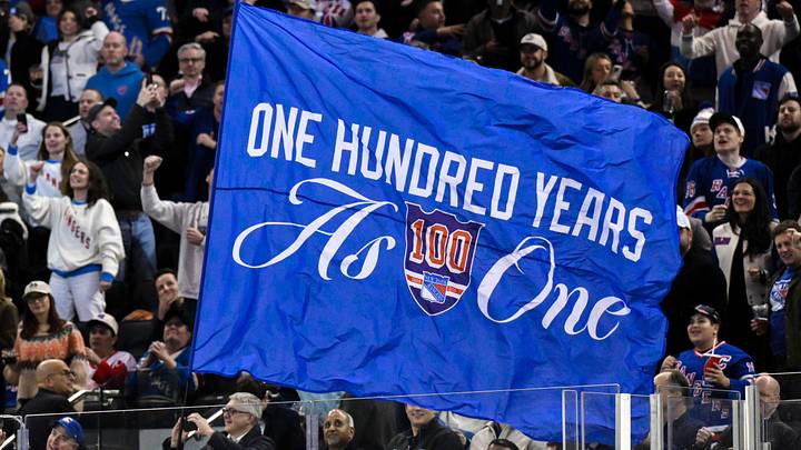 Nov 16, 2025; New York, New York, USA; General view of a flag being waved by New York Rangers staff during the second period against the Detroit Red Wings at Madison Square Garden.