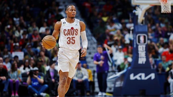 Feb 10, 2023; New Orleans, Louisiana, USA; Cleveland Cavaliers forward Isaac Okoro (35) dribbles up the court against the New Orleans Pelicans during the first quarter at Smoothie King Center. Mandatory Credit: Andrew Wevers-Imagn Images