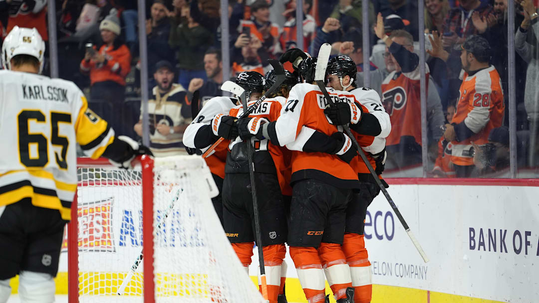 Oct 28, 2025; Philadelphia, Pennsylvania, USA; Philadelphia Flyers teammates celebrate a goal by right wing Bobby Brink (10) against the Pittsburgh Penguins in the first period at Xfinity Mobile Arena. Mandatory Credit: Kyle Ross-Imagn Images