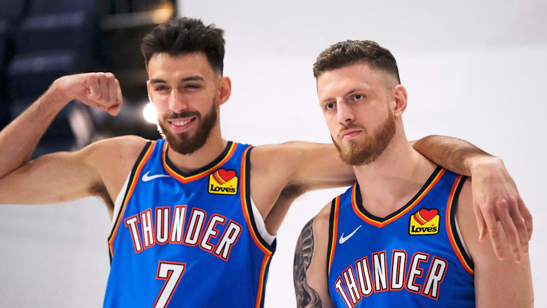 Chet Holmgren (7) and Isaiah Hartenstein (55) during the Thunder Media Day for the 25-26 NBA season at the Paycom Center Monday, Sept. 29, 2025.