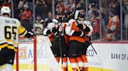 Oct 28, 2025; Philadelphia, Pennsylvania, USA; Philadelphia Flyers teammates celebrate a goal by right wing Bobby Brink (10) against the Pittsburgh Penguins in the first period at Xfinity Mobile Arena. Mandatory Credit: Kyle Ross-Imagn Images