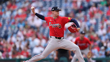 May 29, 2025; Philadelphia, Pennsylvania, USA; Atlanta Braves pitcher Scott Blewett (63) throws a pitch against the Philadelphia Phillies during the third inning at Citizens Bank Park. Mandatory Credit: Bill Streicher-Imagn Images