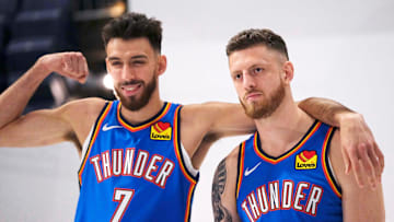 Chet Holmgren (7) and Isaiah Hartenstein (55) during the Thunder Media Day for the 25-26 NBA season at the Paycom Center Monday, Sept. 29, 2025.