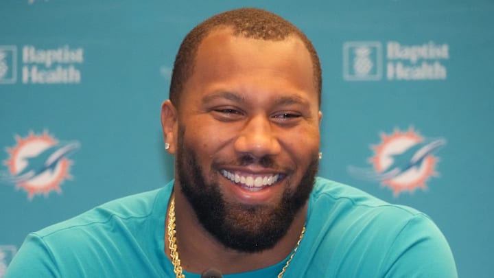 Nov 12, 2025; Madrid, Spain; Miami Dolphins linebacker Bradley Chubb at press conference at Estadio Riyadh Air Metropolitano. Mandatory Credit: Kirby Lee-Imagn Images