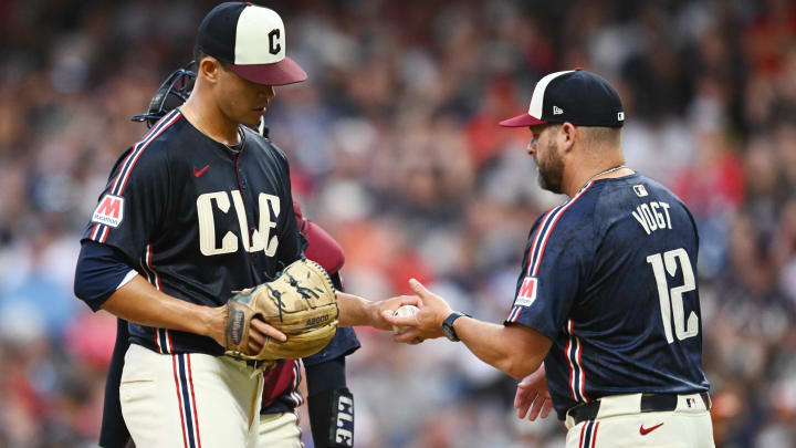 Aug 3, 2024; Cleveland, Ohio, USA; Cleveland Guardians manager Stephen Vogt (12) relieves starting pitcher Joey Cantillo (54) during the fifth inning against the Baltimore Orioles at Progressive Field. Mandatory Credit: Ken Blaze-USA TODAY Sports