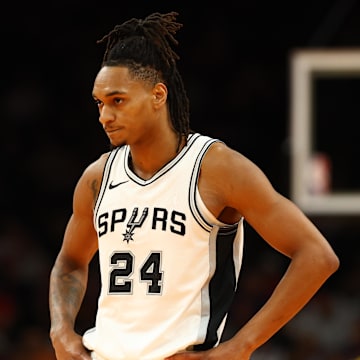 Dec 3, 2024; Phoenix, Arizona, USA; San Antonio Spurs guard Devin Vassell (24) against the Phoenix Suns during an NBA Cup game at Footprint Center.