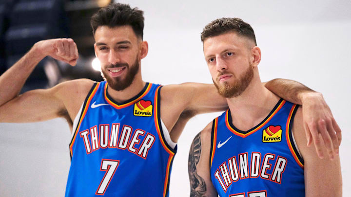 Chet Holmgren (7) and Isaiah Hartenstein (55) during the Thunder Media Day for the 25-26 NBA season at the Paycom Center Monday, Sept. 29, 2025.