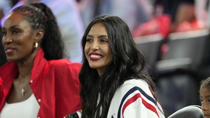 Aug 11, 2024; Paris, France; Vanessa Bryant looks on before the women's gold medal game between France and the United States during the Paris 2024 Olympic Summer Games at Accor Arena. Aug 11, 2024; Paris, France; Vanessa Bryant looks on before the women's gold medal game between France and the United States during the Paris 2024 Olympic Summer Games at Accor Arena.