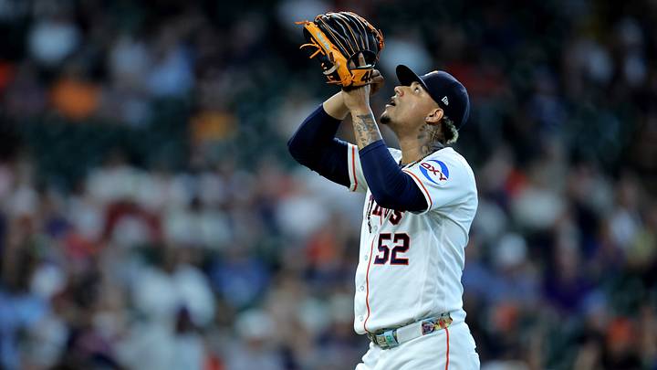 Aug 5, 2026; Houston, Texas, USA; Houston Astros pitcher Bryan Abreu (52) reacts after retiring the side against the Toronto Blue Jays during the eighth inning at Daikin Park. Mandatory Credit: Erik Williams-Imagn Images