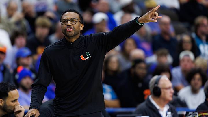 Nov 16, 2025; Jacksonville, Florida, USA; Miami Hurricanes head coach Jai Lucas gestures against the Florida Gators during the second half at VyStar Veterans Memorial Arena. Mandatory Credit: Matt Pendleton-Imagn Images