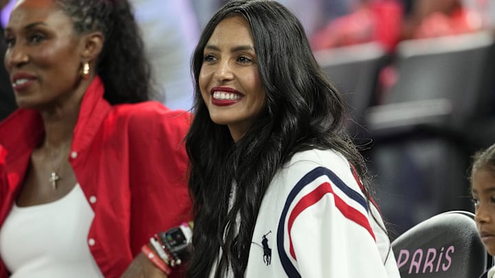 Vanessa Bryant looks on before the women's gold medal game between France and the United States during the Paris 2024 Olympic Summer Games at Accor Arena. Vanessa Bryant looks on before the women's gold medal game between France and the United States during the Paris 2024 Olympic Summer Games at Accor Arena.