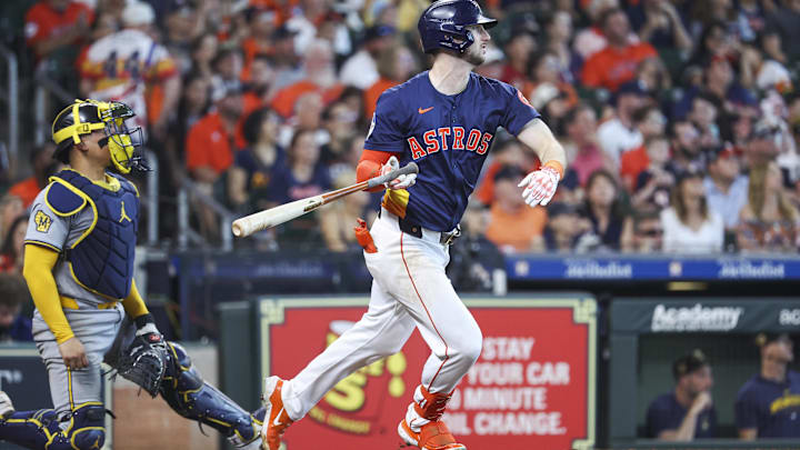 May 19, 2024; Houston, Texas, USA; Houston Astros right fielder Kyle Tucker (30) hits a three-run HR May 19, 2024; Houston, Texas, USA; Houston Astros right fielder Kyle Tucker (30) hits a three-run HR