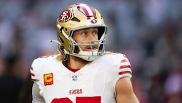 Jan 5, 2025; Glendale, Arizona, USA; San Francisco 49ers tight end George Kittle (85) prior to the game against the Arizona Cardinals at State Farm Stadium. Mandatory Credit: Mark J. Rebilas-Imagn Images
