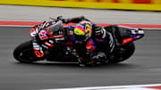 Apr 14, 2024; Austin, TX, USA; Aleix Espargaro (41) of Spain and Aprilia Racing rides in warmups before the start of the MotoGP Grand Prix of The Americas at Circuit of The Americas. Mandatory Credit: Jerome Miron-Imagn Images