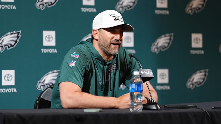 Jun 10, 2025; Philadelphia, PA, USA; Philadelphia Eagles head coach Nick Sirianni addresses media during a press conference at NovaCare Complex. Mandatory Credit: Kyle Ross-Imagn Images