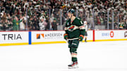 Apr 24, 2025; Saint Paul, Minnesota, USA; Minnesota Wild defenseman Zeev Buium (8) celebrates victory over the Vegas Golden Knights in his home debut in game three of the first round of the 2025 Stanley Cup Playoffs at Xcel Energy Center. Mandatory Credit: Matt Blewett-Imagn Images