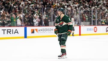 Apr 24, 2025; Saint Paul, Minnesota, USA; Minnesota Wild defenseman Zeev Buium (8) celebrates victory over the Vegas Golden Knights in his home debut in game three of the first round of the 2025 Stanley Cup Playoffs at Xcel Energy Center. Mandatory Credit: Matt Blewett-Imagn Images