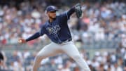 Jul 20, 2024; Bronx, New York, USA; Tampa Bay Rays starting pitcher Taj Bradley (45) pitches against the New York Yankees during the first inning at Yankee Stadium. Mandatory Credit: Brad Penner-USA TODAY Sports