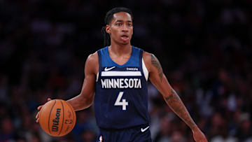 Oct 13, 2024; New York, New York, USA; Minnesota Timberwolves guard Rob Dillingham (4) dribbles up court.