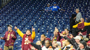 Detroit Lions fans react after the 45-31 loss to the Washington Commanders in the NFC divisional round of the NFL playoffs at Ford Field in Detroit.
