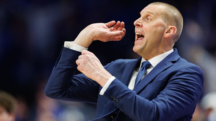 Feb 11, 2025; Lexington, Kentucky, USA; Kentucky Wildcats head coach Mark Pope reacts to a call made by a referee during the first half against the Tennessee Volunteers at Rupp Arena at Central Bank Center. Mandatory Credit: Jordan Prather-Imagn Images